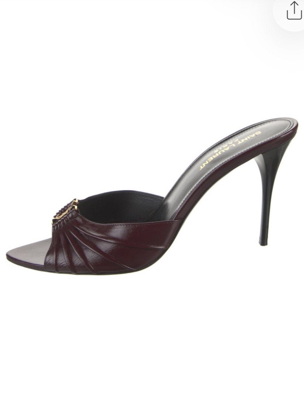 Saint Laurent Burgundy Leather Pleated Open-Toe Mule with Gold Accent